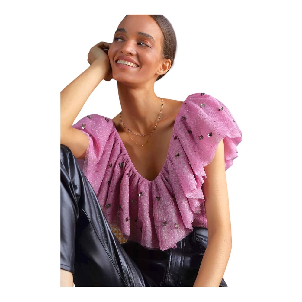 Maeve By Anthropologie Mauve Ruffled Tulle Blouse | U.S. Woman’s Large
